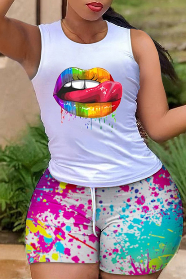 Colour Fashion Casual Print Basic O Neck Sleeveless Two Pieces