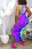 purple Sexy Tank Sleeveless O neck Slim Dress Ankle-Length Print Tie and dye Dresses