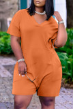 Red Fashion Casual Solid Basic V Neck Regular Rompers
