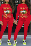 Red Fashion Casual Letter Lips Printed Basic O Neck Long Sleeve Two Pieces