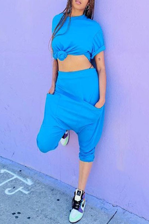 Blue Fashion Casual Solid Basic O Neck Short Sleeve Two Pieces