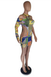 Yellow Fashion Sexy Print Hollowed Out O Neck Long Sleeve Dresses