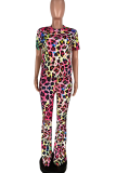 Multicolor Sexy Leopard Patchwork O Neck Short Sleeve Two Pieces