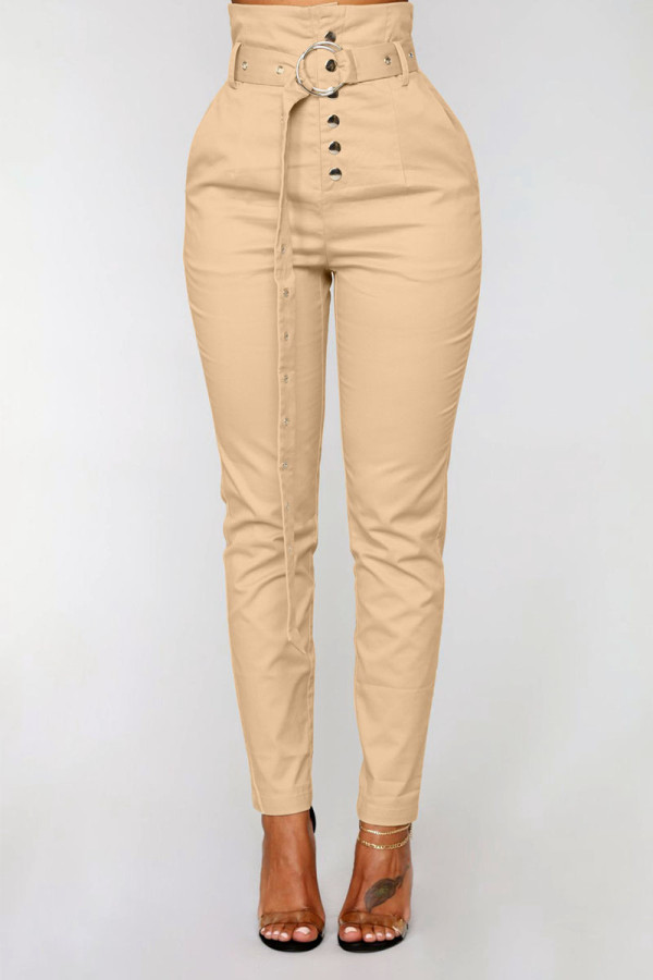 Khaki British Style Solid Buttons With Belt Regular Mid Waist Pencil Bottoms