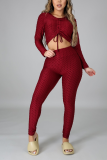 Red Casual Solid Draw String V Neck Long Sleeve Two Pieces