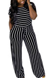 Black Fashion Casual Print Striped Patchwork bandage Polyester Short Sleeve O Neck Jumpsuits