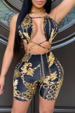 Black Sexy Print Patchwork Halter Sleeveless Two Pieces