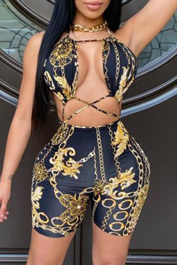 Black Sexy Print Patchwork Halter Sleeveless Two Pieces