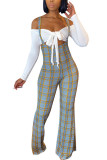 White Polyester Fashion Sexy adult Ma'am Plaid Patchwork Solid Two Piece Suits Boot Cut Long Sleeve Two Pieces