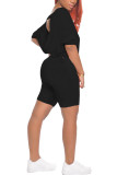 Black Fashion Sexy adult Ma'am Solid backless Two Piece Suits Straight Half Sleeve Two Pieces