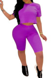purple Fashion adult Ma'am Street Patchwork Solid Two Piece Suits pencil Short Sleeve Two Pieces