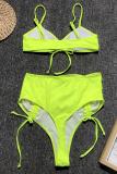 Fluorescent green Draped backless crop top Tassel bandage Solid Fashion Sexy Tankinis Set