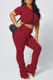 Wine Red Polyester Fashion Sexy adult Ma'am O Neck Solid Draped Two Piece Suits Draped Plus Size