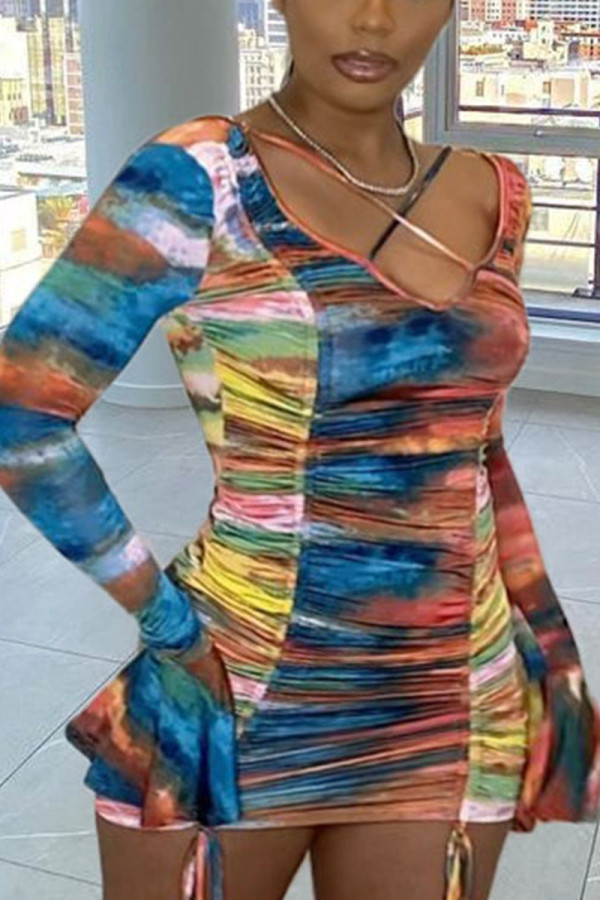 Blue Street Print Frenulum Backless Flounce Fold V Neck A Line Dresses