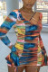 Blue Street Print Frenulum Backless Flounce Fold V Neck A Line Dresses