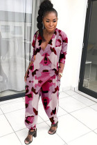 Pink Casual Print Polyester Long Sleeve V Neck Jumpsuits