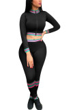 Black Spandex Fashion Casual adult Ma'am Patchwork Solid Two Piece Suits pencil Long Sleeve Two Pieces