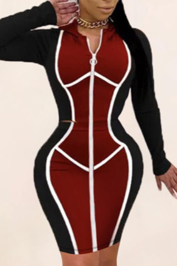 Red Sexy Solid Patchwork Hooded Collar A Line Dresses