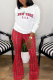 Red White Casual Plaid Letter O Neck Long Sleeve Two Pieces