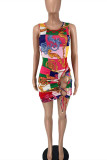 Colour Fashion Sexy Print Hollowed Out Strap Design O Neck Sleeveless Two Pieces