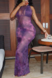 Purple Fashion Sexy Print See-through Backless Turtleneck Sleeveless Dress