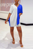 Blue and gray knit Sexy Patchwork Solid backless Straight Short Sleeve Two Pieces