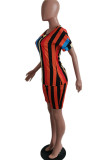 Orange Milk Silk Fashion Active Casual adult Ma'am Striped Print Two Piece Suits pencil Short Sleeve Two Pieces