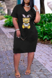 Yellow Fashion Casual Character Basic V Neck Loose Dress