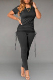 Blue Fashion Casual Solid Basic O Neck Short Sleeve Two Pieces