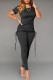 Black Fashion Casual Solid Basic O Neck Short Sleeve Two Pieces