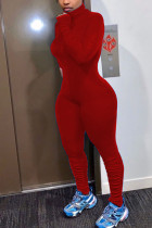 Red Casual Polyester Spandex Pit Article Fabrics Solid Fold Pants Zipper Collar Skinny Jumpsuits
