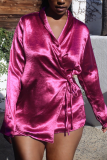 Rose Red Casual Solid Bandage Patchwork Turndown Collar Long Sleeve Two Pieces