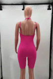 Pink Fashion Sexy Solid Hollowed Out Backless Spaghetti Strap Skinny Romper