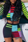 Green Casual Striped Patchwork O Neck Long Sleeve Two Pieces