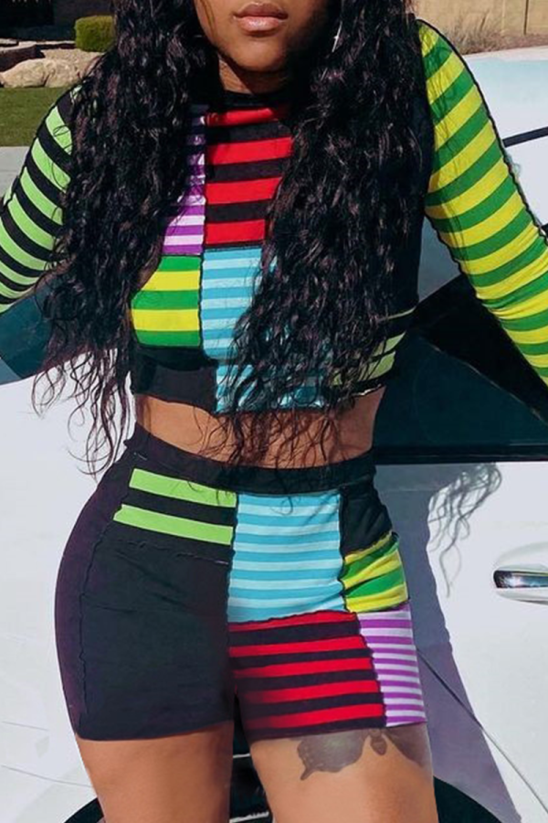 Green Casual Striped Patchwork O Neck Long Sleeve Two Pieces