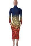 Red OL Cap Sleeve Long Sleeves half high collar Step Skirt Knee-Length Leopard Print