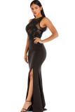 Black Polyester Sexy Tank Short Sleeves O neck Step Skirt Floor-Length Solid Club Dresses