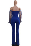 Royal blue Light bandage Hollow Solid Patchwork Long Sleeve Wrapped Jumpsuits