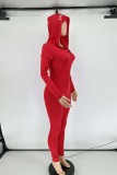 Red Casual Living Letter Embroidery Basic V Neck Skinny Jumpsuits
