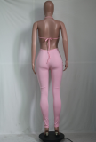 Pink Sexy Solid Hollowed Out Halter Skinny Jumpsuits