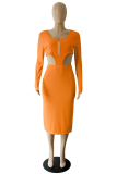 Orange Sexy Solid Hollowed Out V Neck Pencil Skirt Dresses