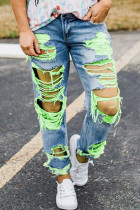 Green Denim Zipper Fly Mid Hole washing Old Straight Pants Bottoms