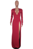 Red Sexy Solid High Opening Hot Drill V Neck Evening Dress Dresses