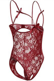 Wine Red Fashion Sexy Solid Hollowed Out See-through Lingerie Teddies