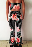 Black Elastic Fly High Print Striped Boot Cut Pants Two-piece suit