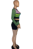 Green Casual Striped Patchwork O Neck Long Sleeve Two Pieces
