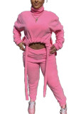 Pink Fashion Street Adult Polyester Solid Draw String Turtleneck Long Sleeve Regular Sleeve Short Two Pieces