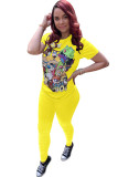 Yellow Polyester Fashion Ma'am OL Patchwork Print Character Two Piece Suits pencil Short Sleeve Two Pieces