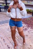 White Fashion Casual Solid Turndown Collar Outerwear
