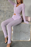 Dark Gray Casual Patchwork Solid Flare sleeve crop top pencil Long Sleeve Two Pieces